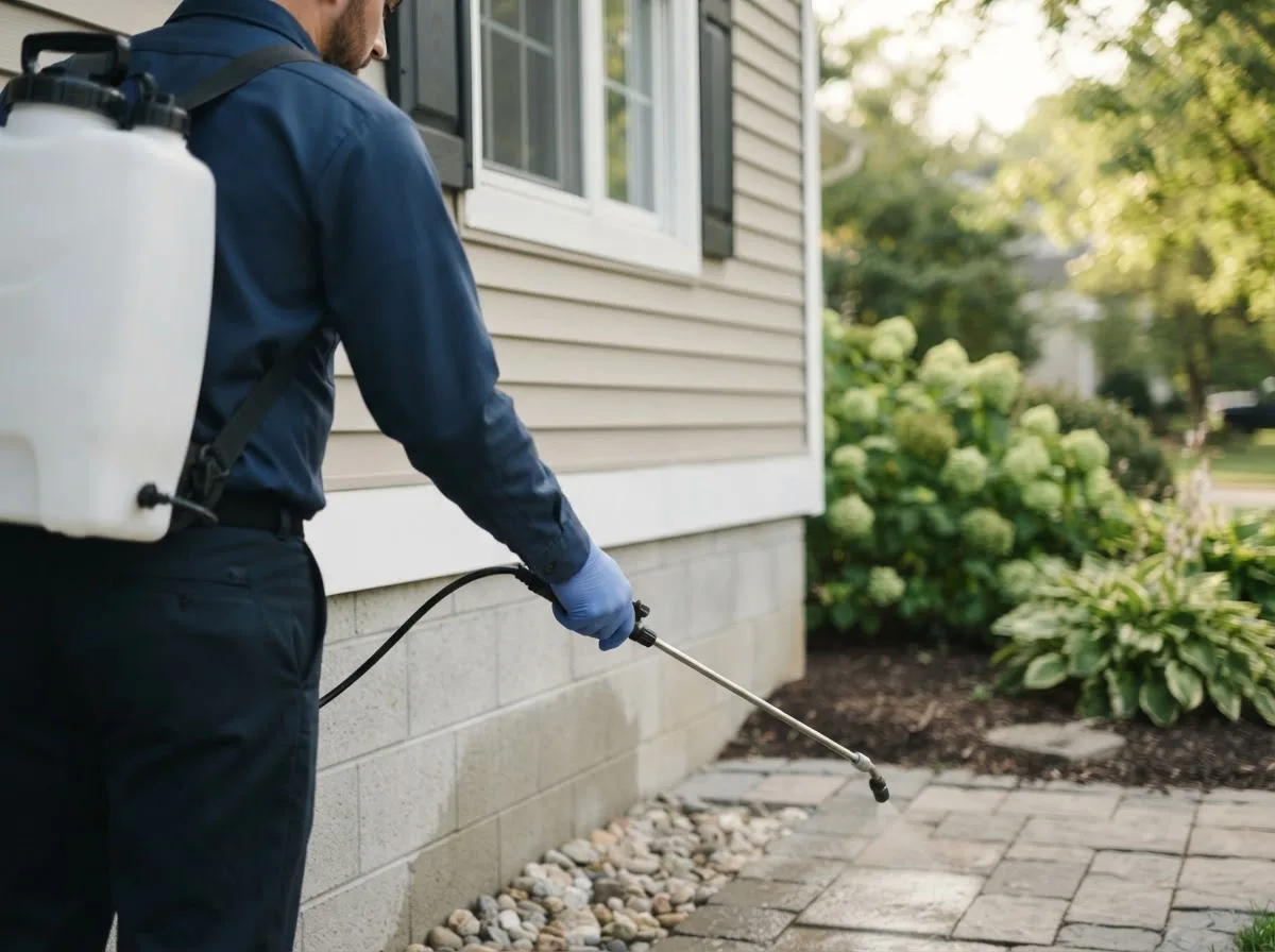 Pest control technician inspecting a home in Scottville, MI